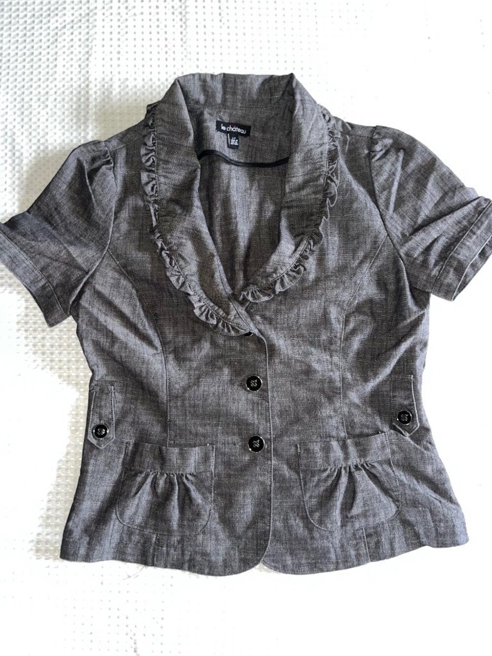 Le Chateau Short Sleeve Ruffle Blazer Jacket Grey Size S Stretch Tweed EUC